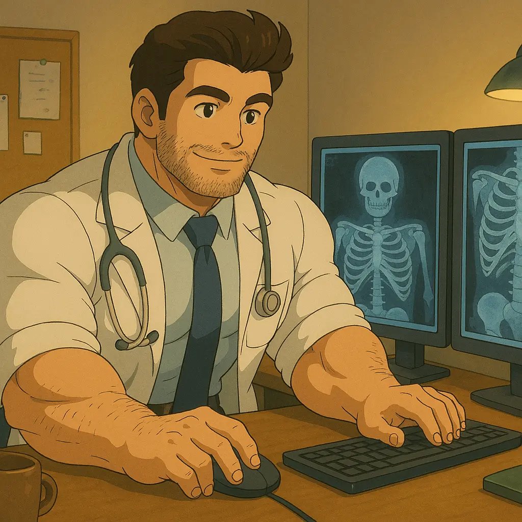 Cartoon of a handsome muscular doctor working on at a computer